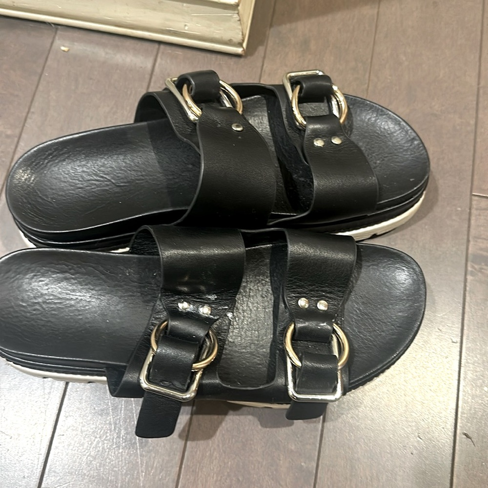 JSlides Black Leather platform wedge sandals with a BIRKENSTOCK feel.
